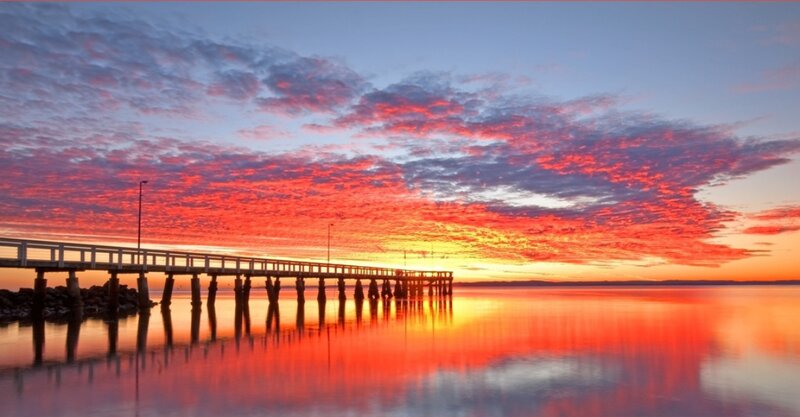Pier at Sunset — Red, Dramatic, Photograph, Sky, Water