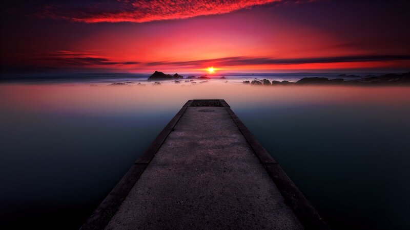 Pier at Sunset — Red, Dramatic, Photograph, Sun