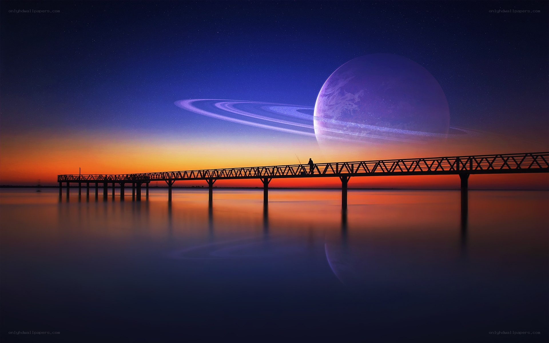 Pier at sunset with alien planet