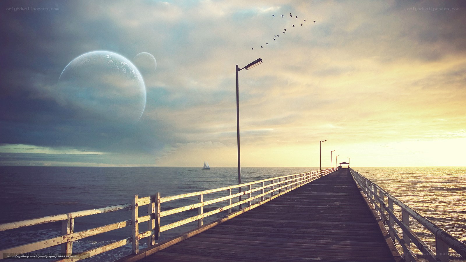 Pier at sunset with alien planets