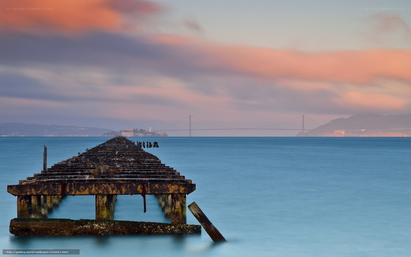 Pier at sunset with Golden Gate Bridge