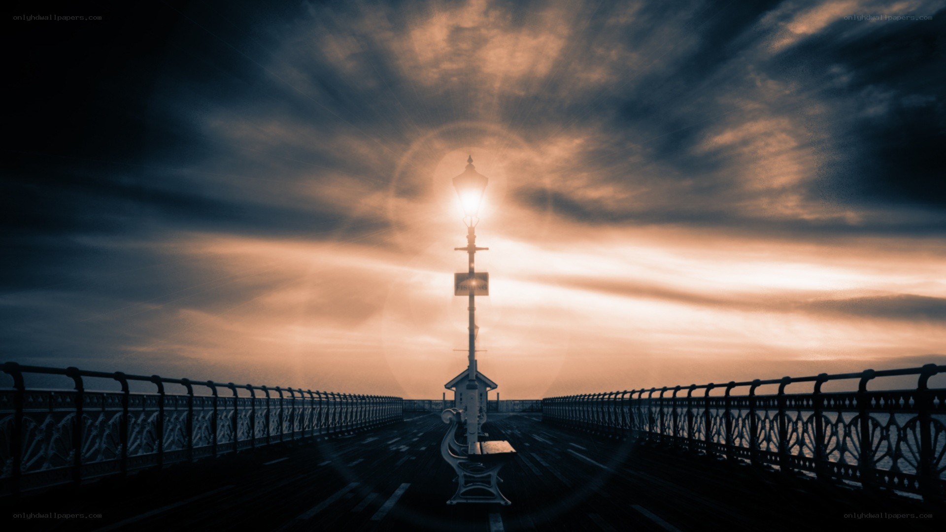 Pier at sunset with lamp post