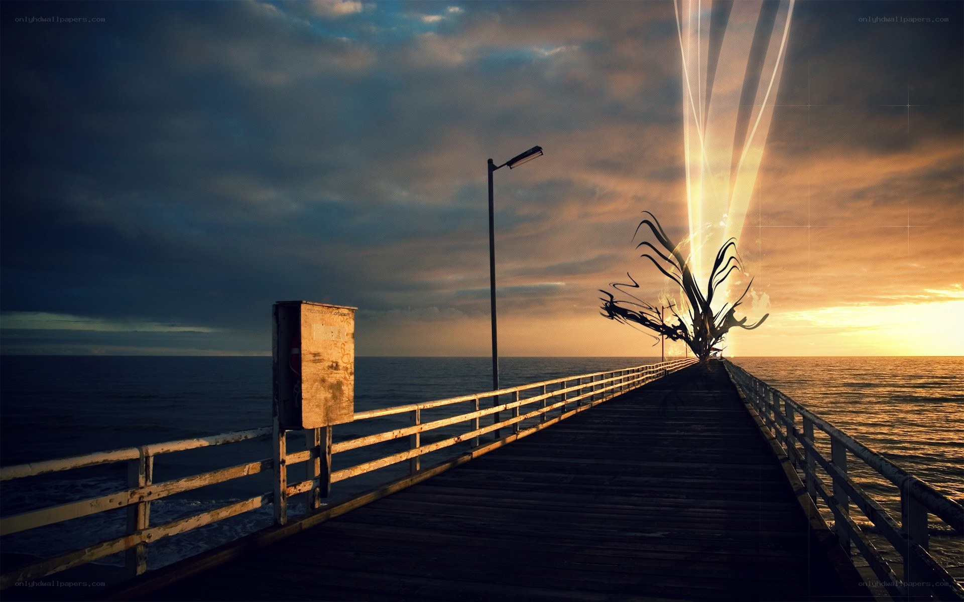 Pier at sunset with light beams