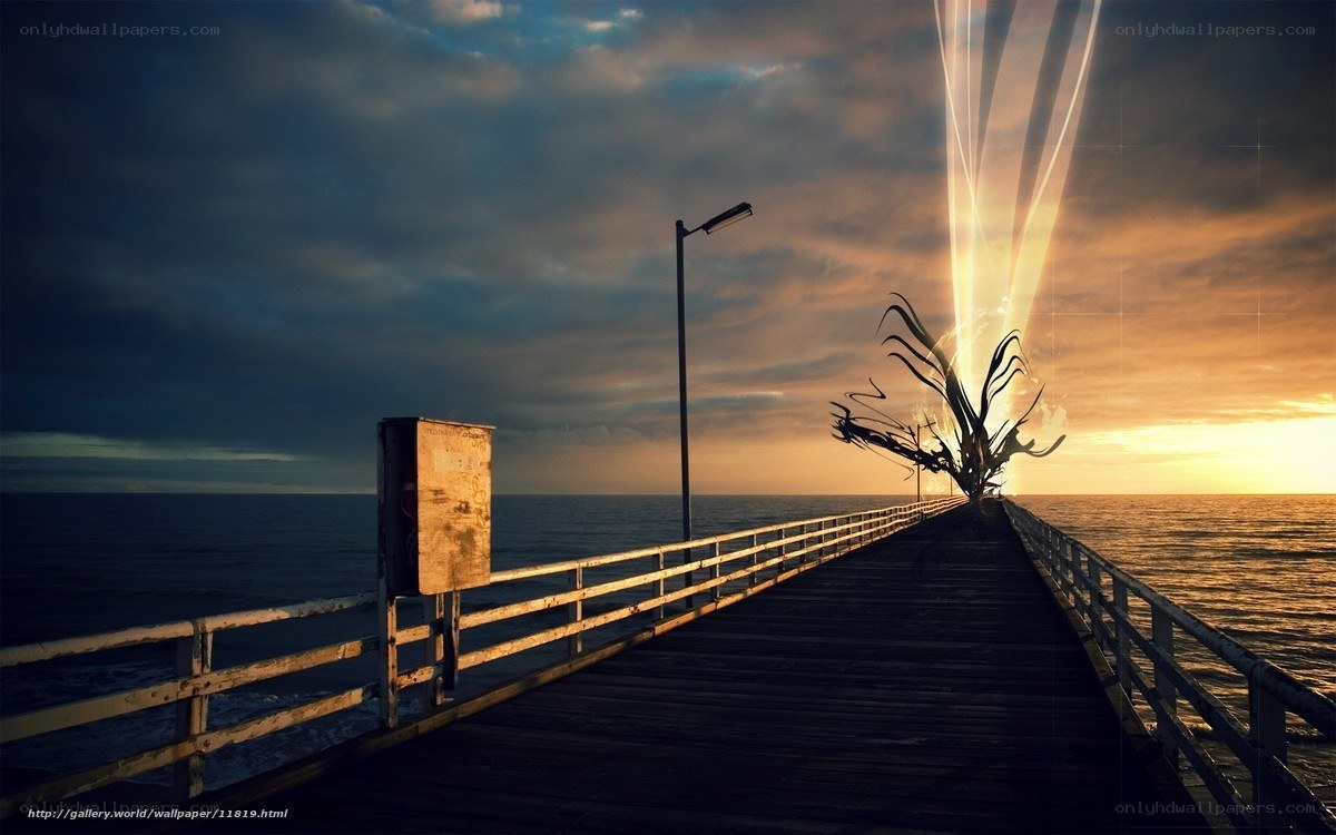 Pier at sunset with light beams