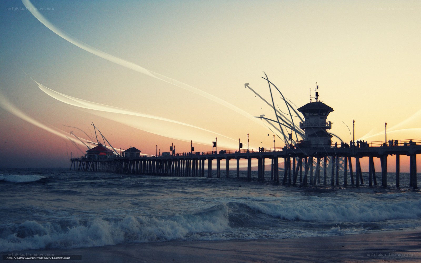 Pier at sunset with light trails