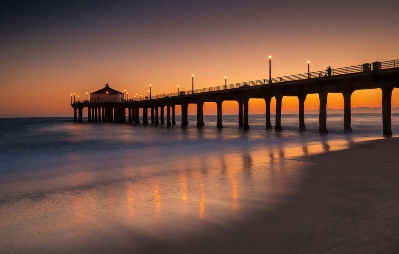 Pier at sunset with lights