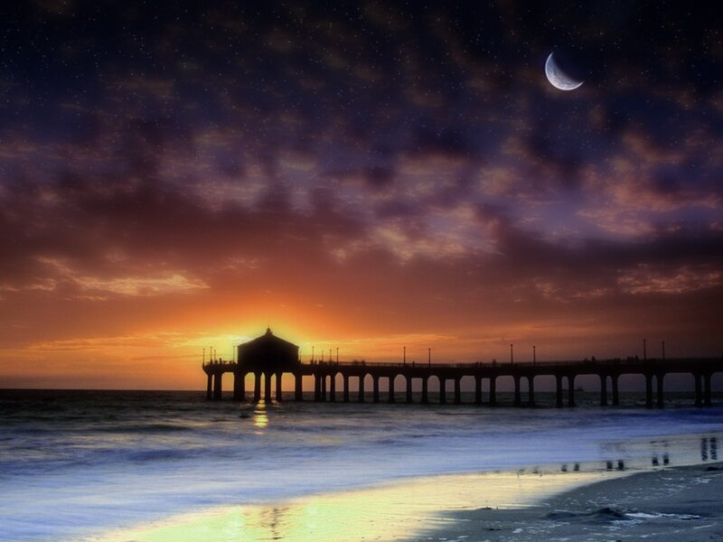 Pier at sunset with moon