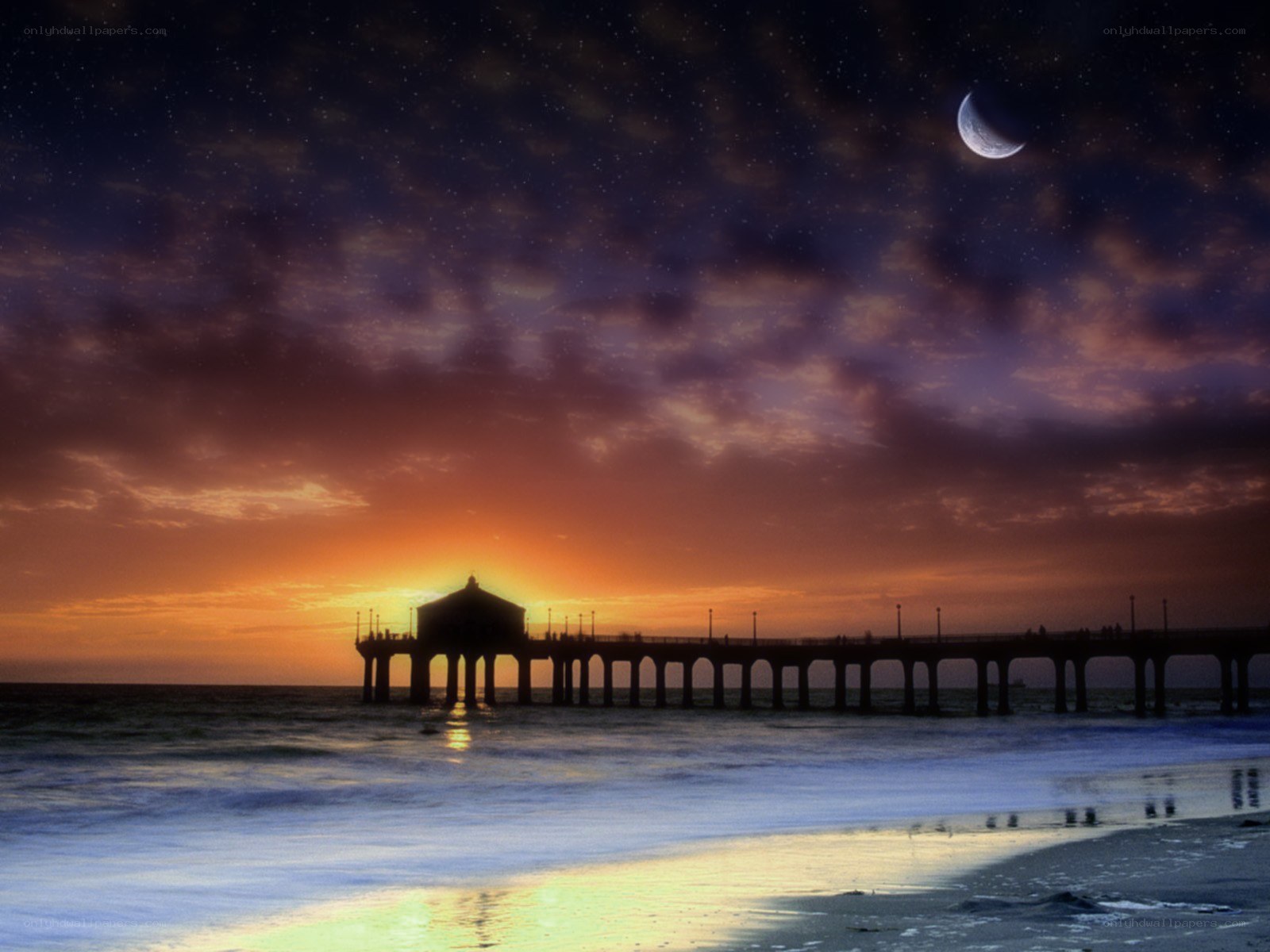 Pier at sunset with moon