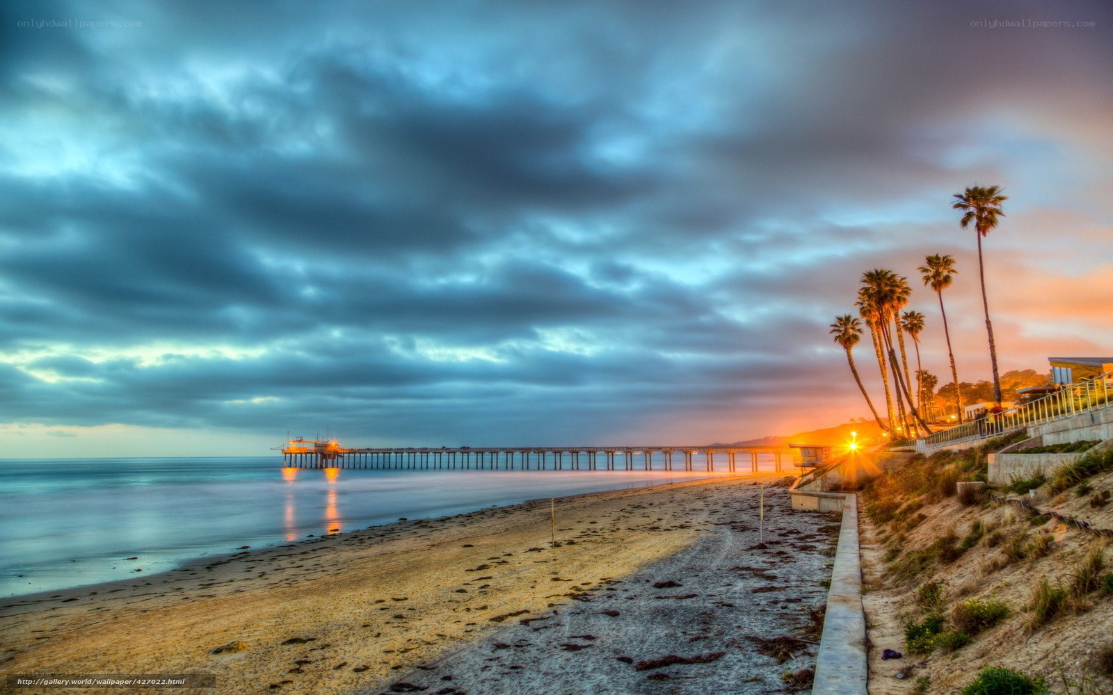 Pier at sunset with palm trees
