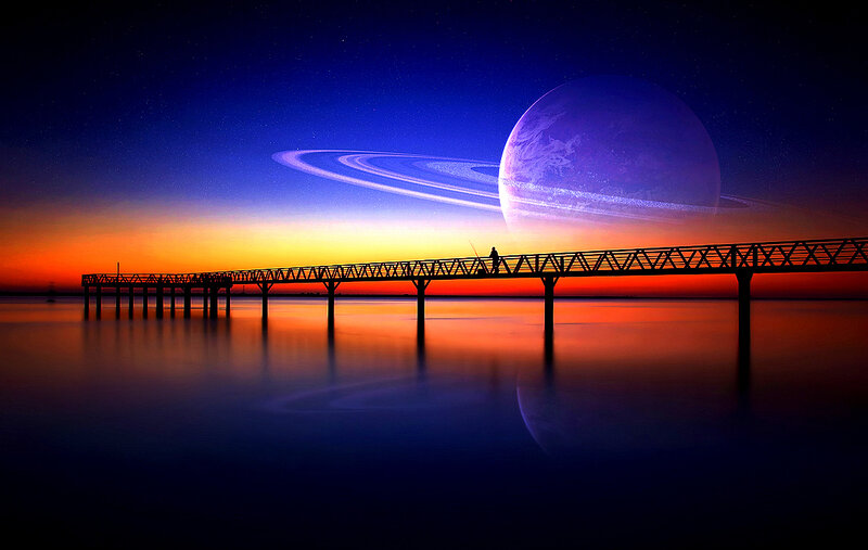 Pier at sunset with planet