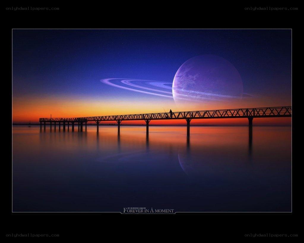 Pier at sunset with planet