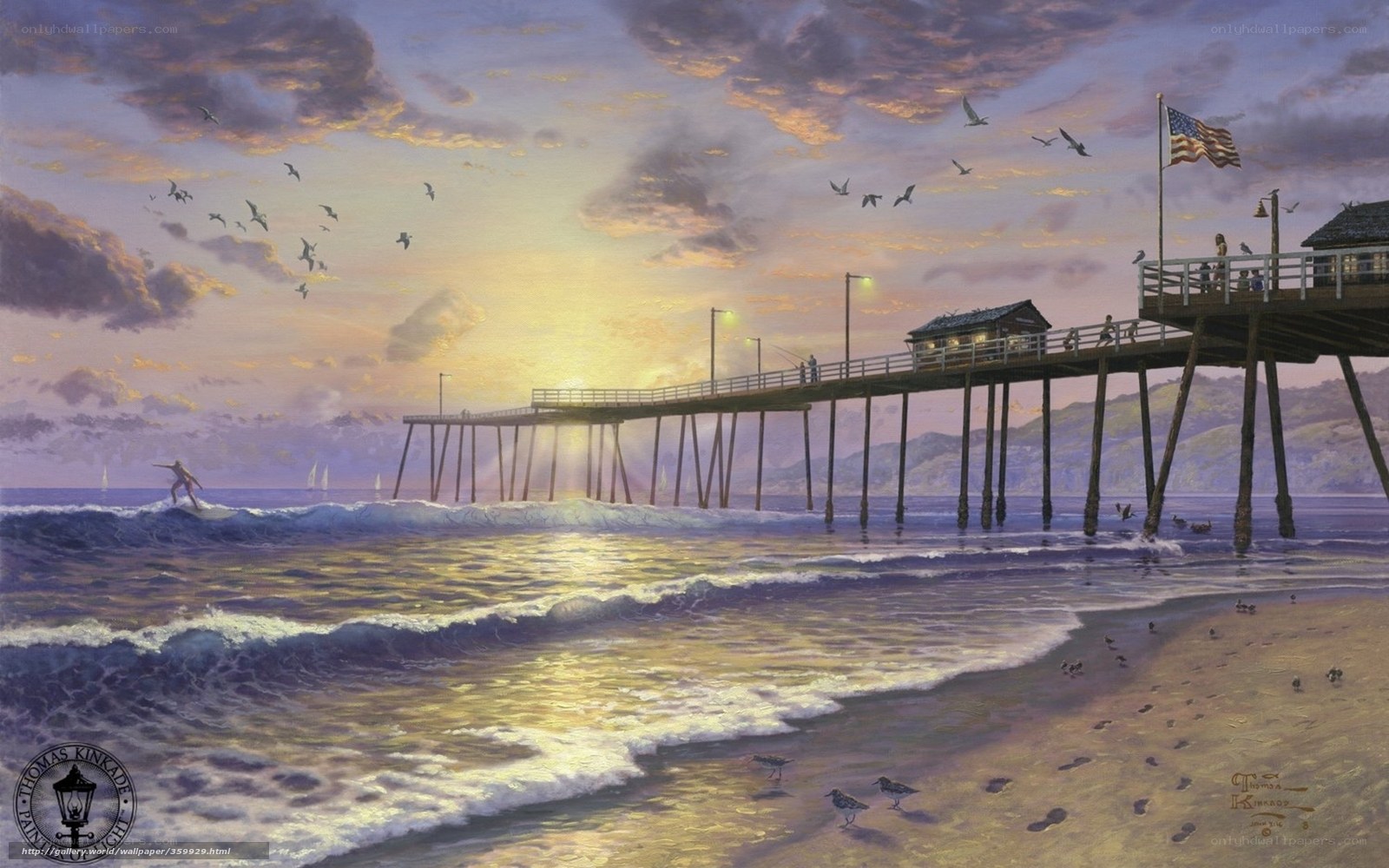 Pier at sunset with surfer
