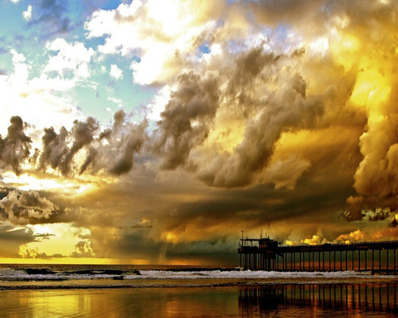 Pier at Sunset — Yellow, Dramatic, Photograph, Clouds