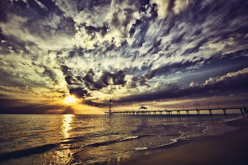 Pier at Sunset — Yellow, Dramatic, Photograph, Ocean, Clouds