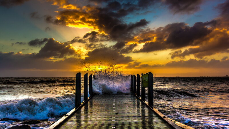 Pier at Sunset — Yellow, Dramatic, Photograph, Ocean, Waves