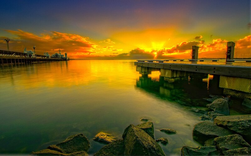 Pier at Sunset — Yellow, Dramatic, Photograph, Sky