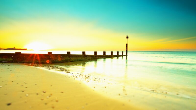 Pier at Sunset — Yellow, Serene, Photograph, Ocean