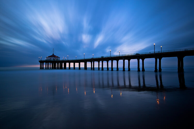 Pier at Twilight — Blue, Serene, Night, Photograph, Lights