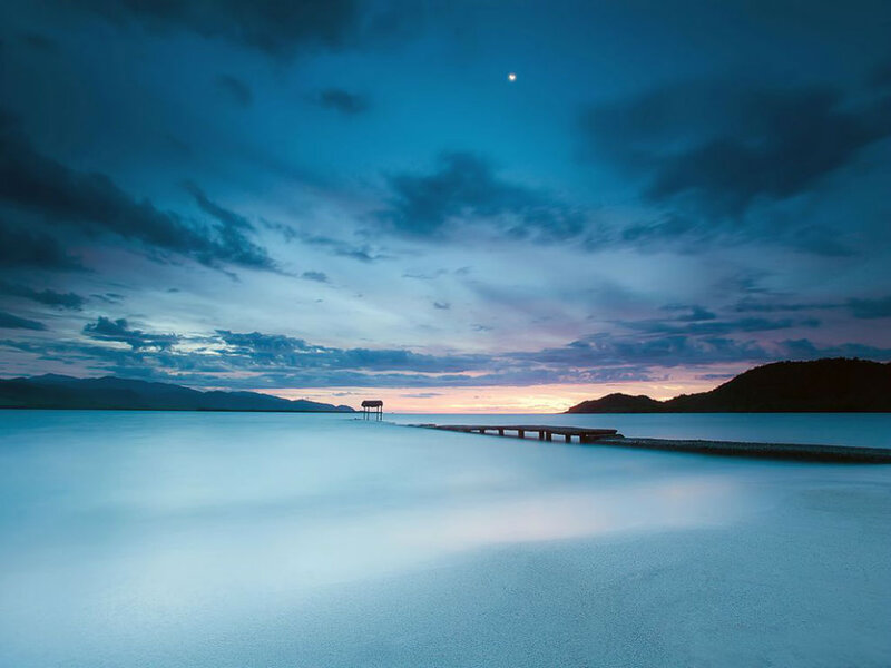 Pier at Twilight — Blue, Serene, Night, Photograph, Moon