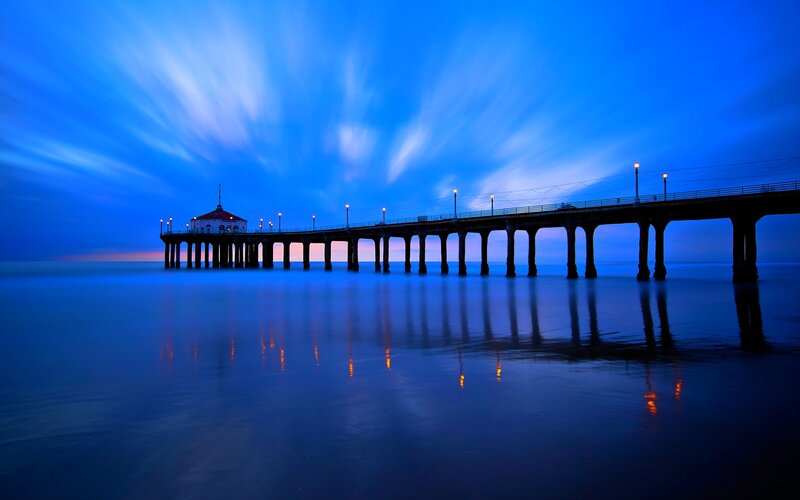 Pier at Twilight — Blue, Serene, Night, Photograph, Sky
