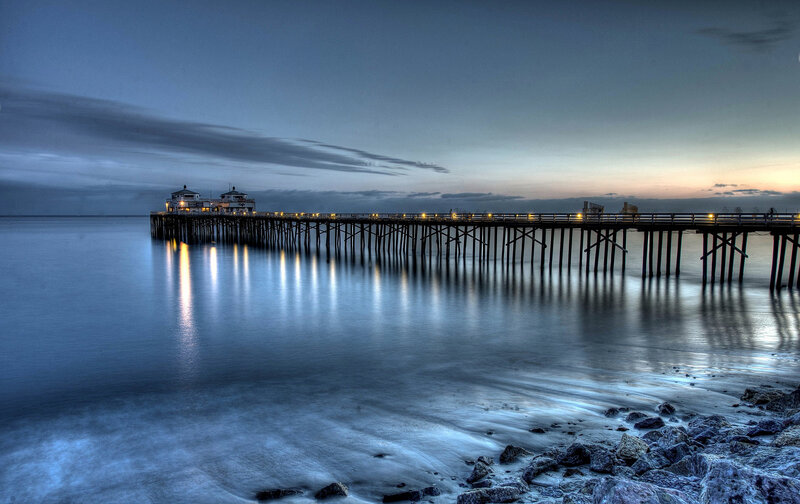 Pier at Twilight — Blue, Serene, Sunset, Photograph, Building