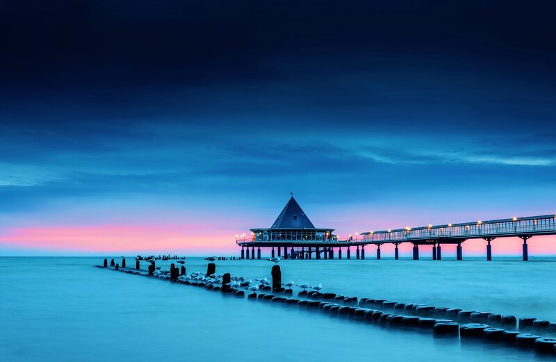 Pier at Twilight — Blue, Serene, Sunset, Photograph, Seagulls