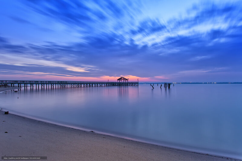 Pier at Twilight — Blue, Serene, Sunset, Photograph, Sky, Beach