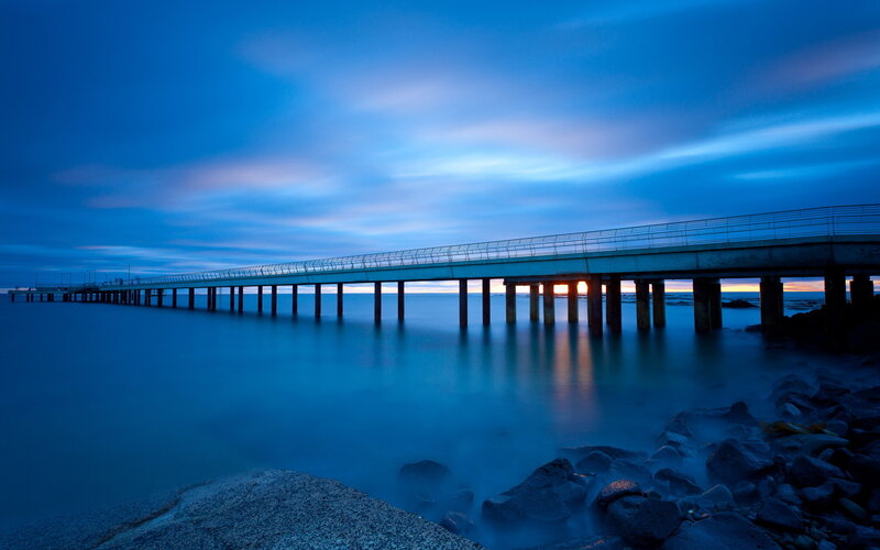 Pier at Twilight — Blue, Serene, Sunset, Photograph, Sky