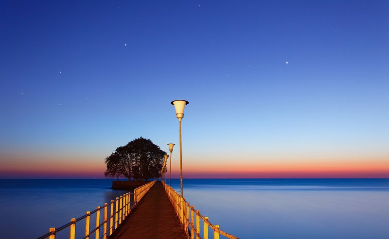 Pier at Twilight — Blue, Serene, Sunset, Photograph