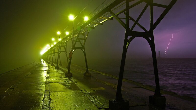 Pier During Storm — Yellow, Dramatic