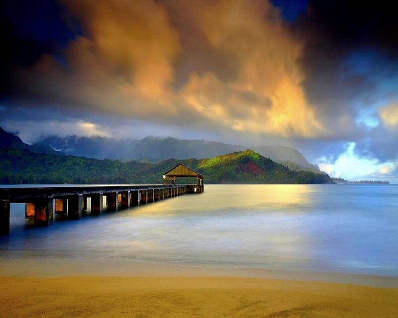 Pier Extending into Bay — Blue
