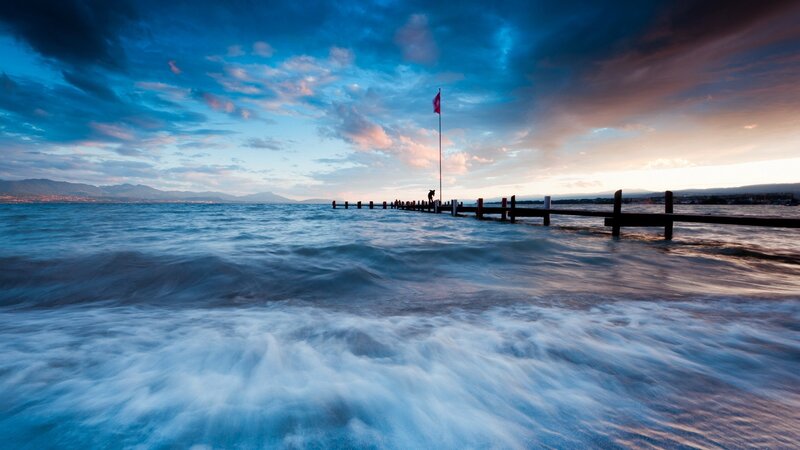 Pier Extending into Lake — Blue