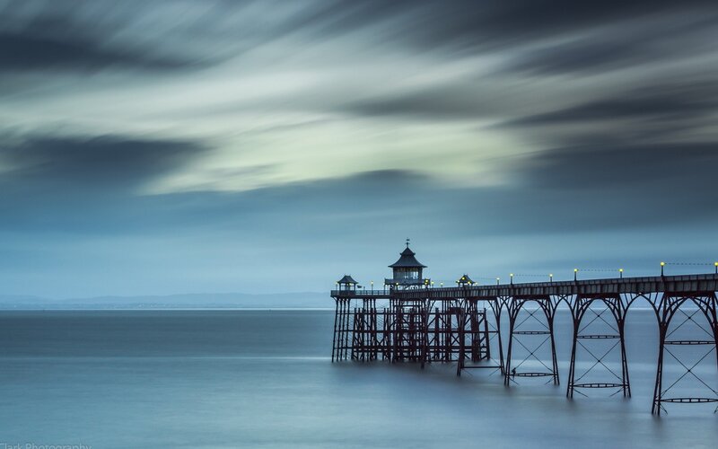 Pier Extending into Sea — Blue, Dramatic, Night