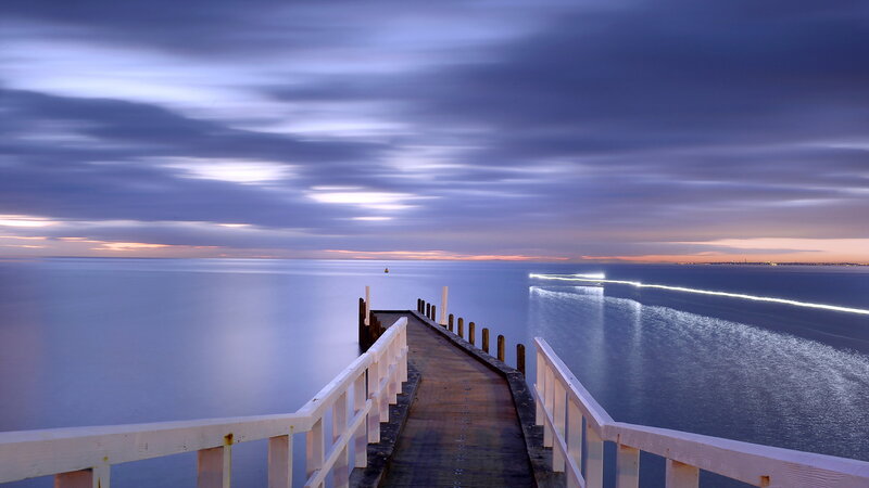Pier Extending into Sea — Blue, Serene