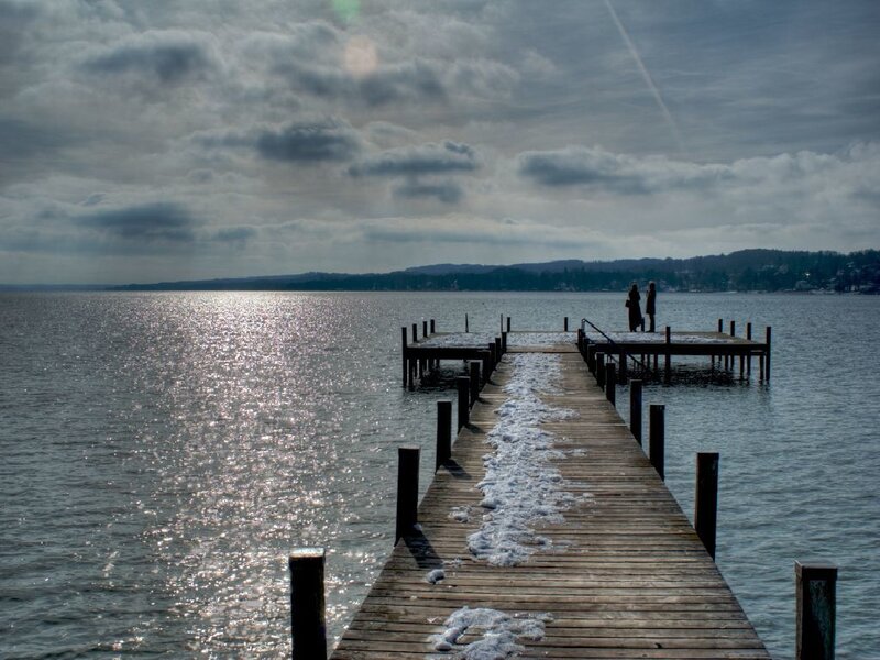 Pier on a snowy lake