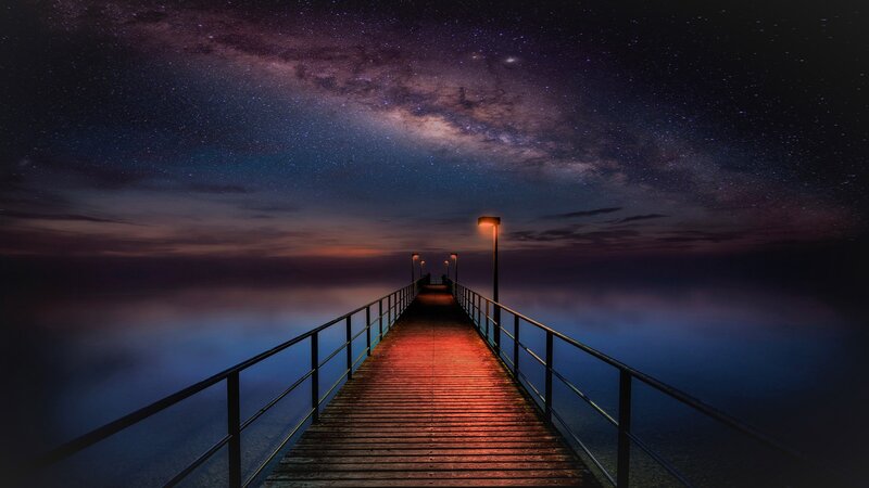 Pier under Starry Sky — Purple, Serene