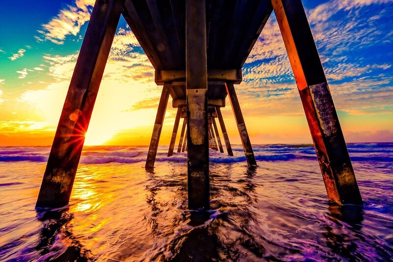 Pier under Sunset — Blue, Dramatic, Photograph