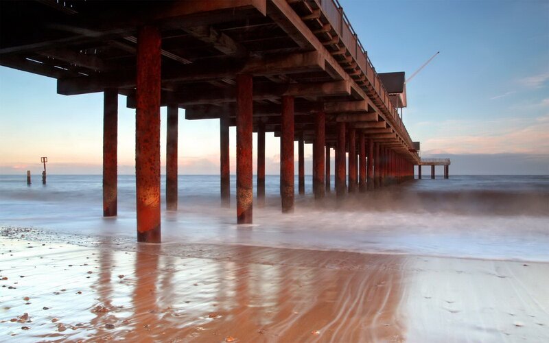 Pier Understructure — Blue, Serene, Sunset, Photograph