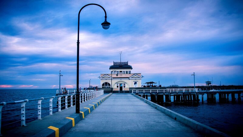 Pier with Building at End — Blue
