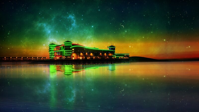 Pier with Building — Green, Dramatic
