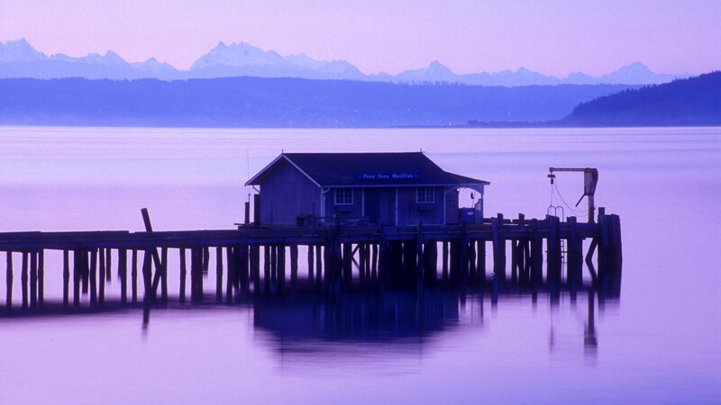 Pier with cabin at dusk