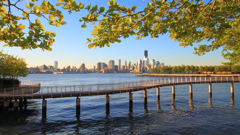 Pier with city skyline view