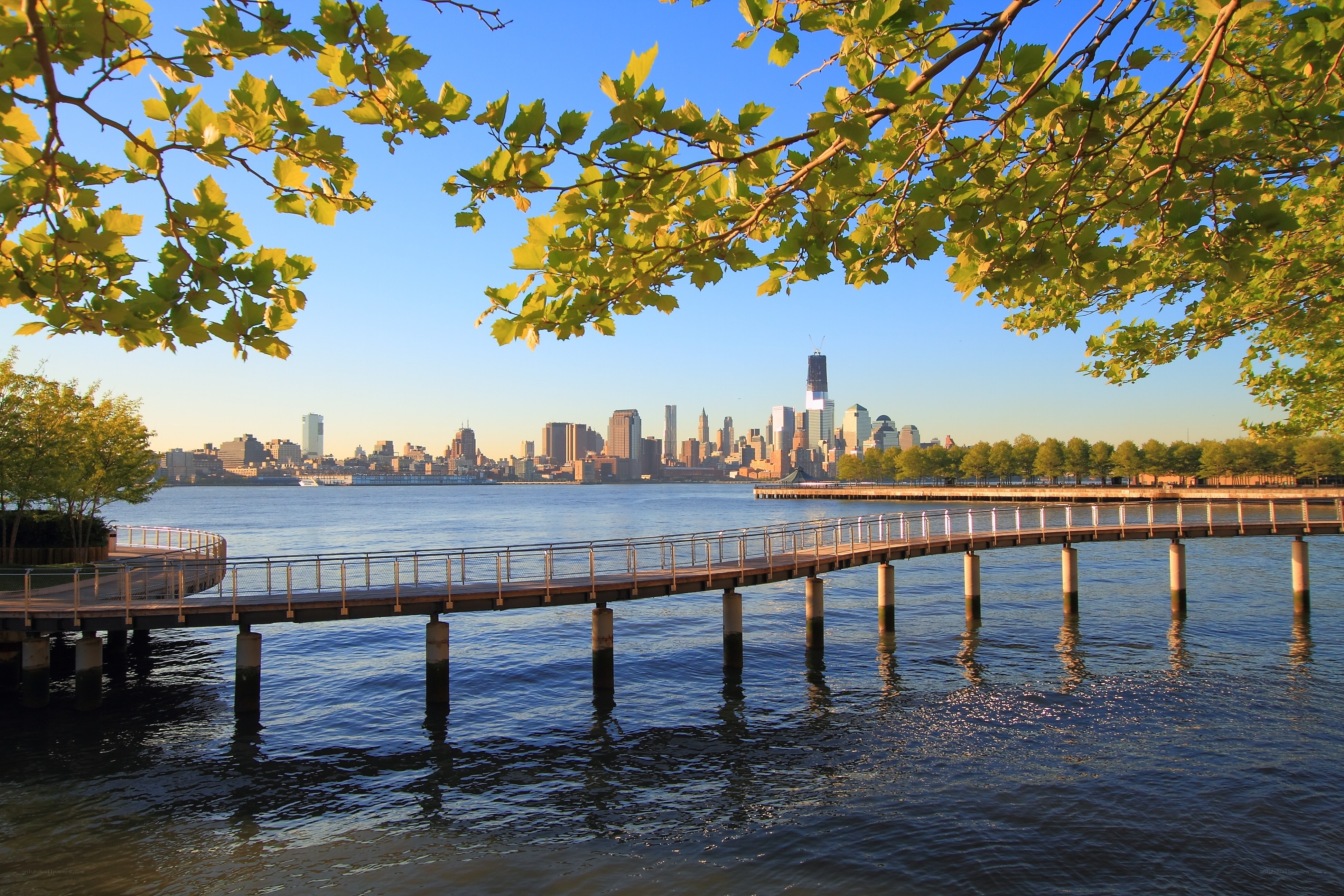 Pier with city skyline view