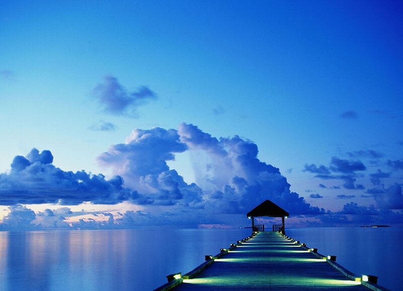 Pier with Gazebo at Dusk — Blue, Serene, Photograph