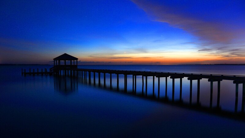 Pier with Gazebo at Dusk — Blue, Serene