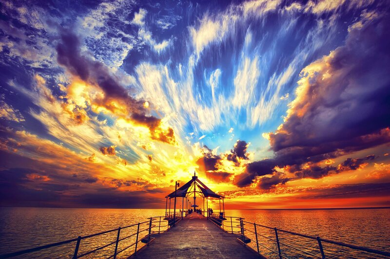 Pier with Gazebo at Sunset — Blue, Dramatic