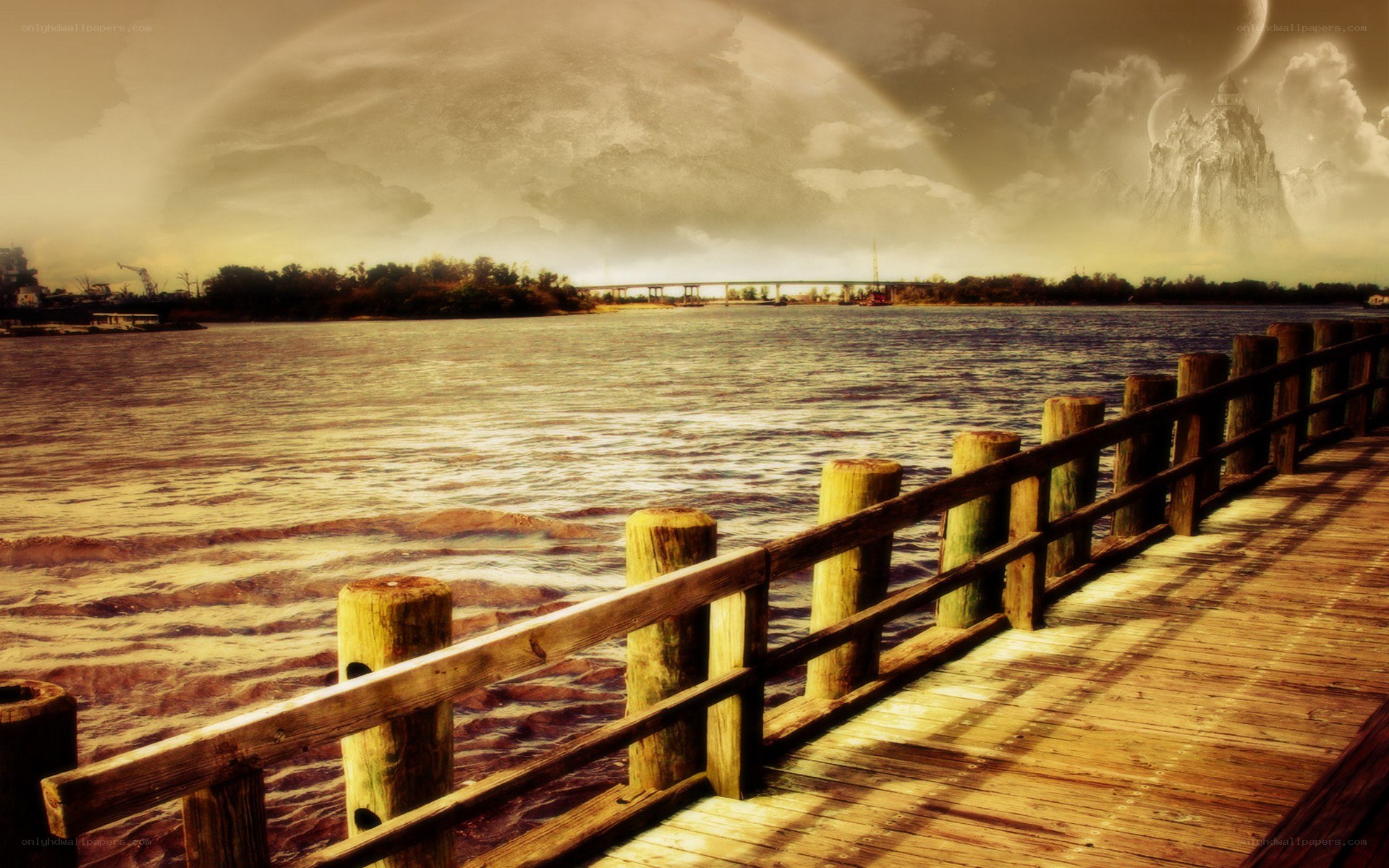 Pier with surreal sky