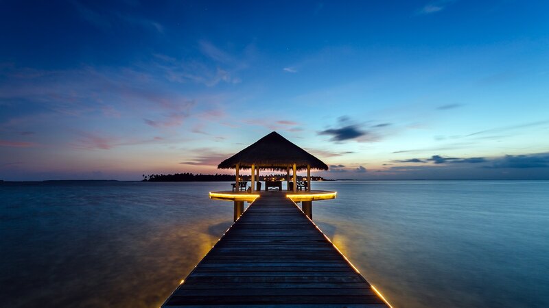 Pier with Thatched Hut — Blue, Serene