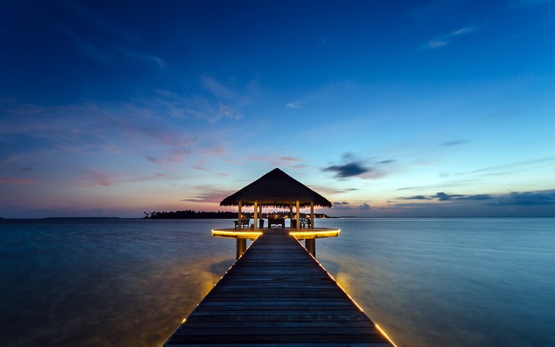 Pier with Thatched Hut — Blue