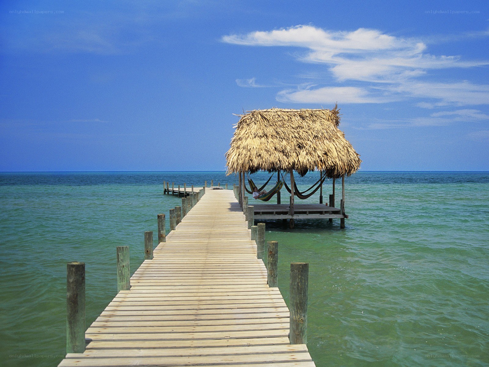 Pier with thatched hut over water